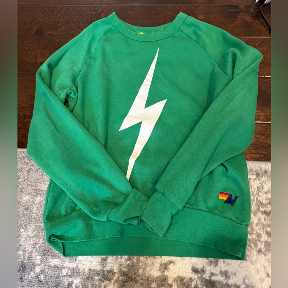 Aviator Nation Green Sweatshirt with White Lightning Bolt